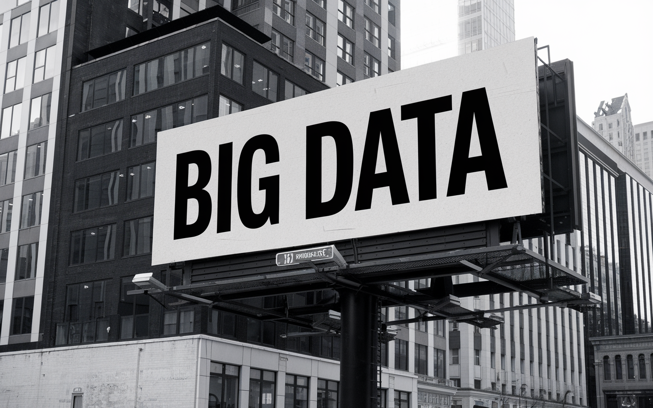 Black and white photo of bill board that says Big Data