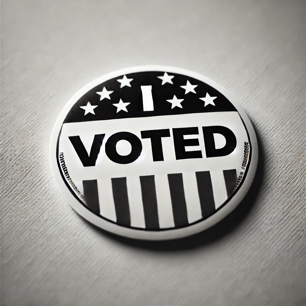 Black and white photo of an I voted button on a paper background.