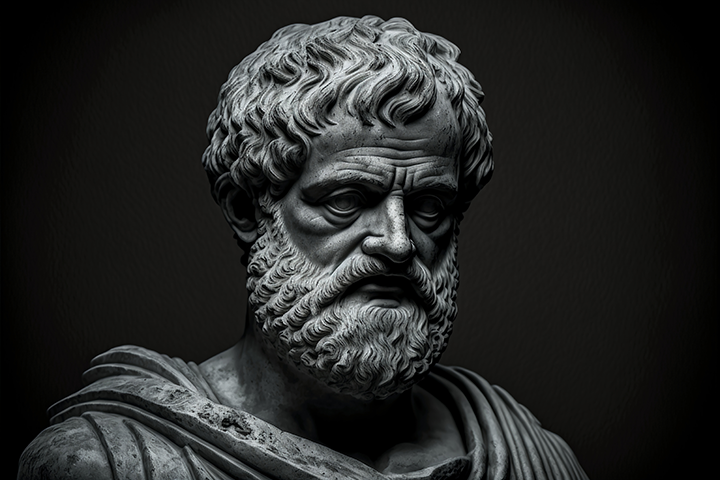 Black and white photo of a statue of a philosopher.