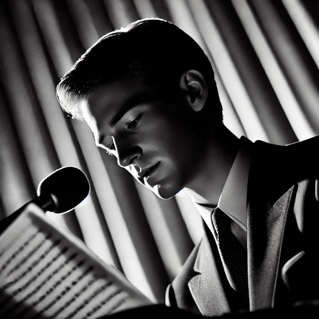 Black and white stylized photo of a young man speaking and reading his speach