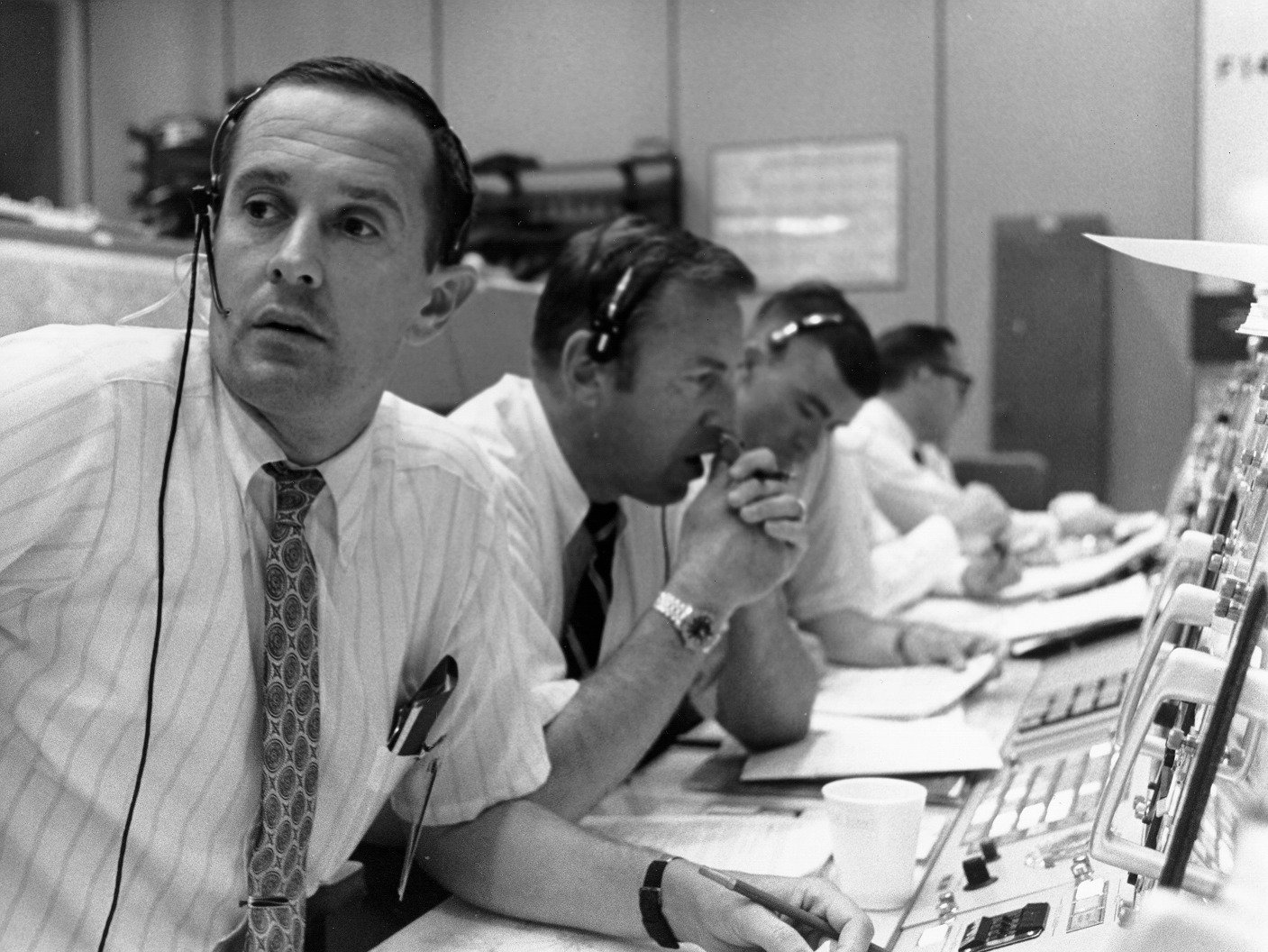 Black and white photo of the Apollo mission control station
