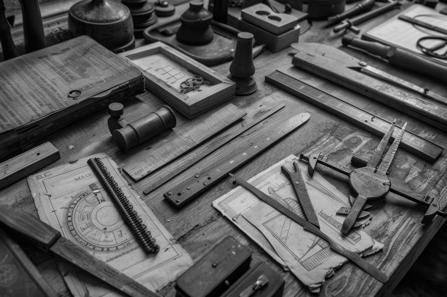 Black and white photo of different instruments used to craft a a blue print.
