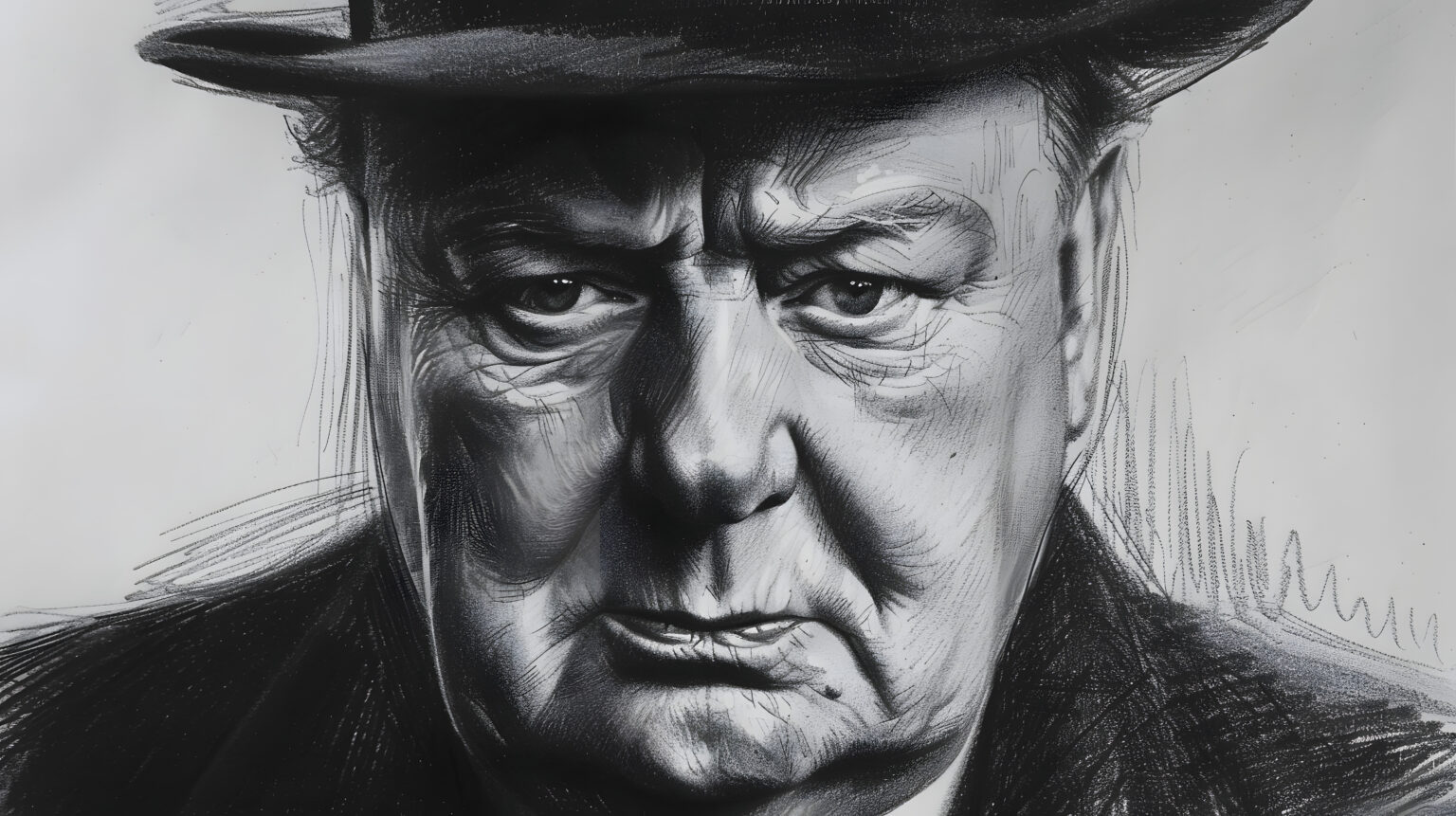 Black and white pencil sketch of Winston Churchill.