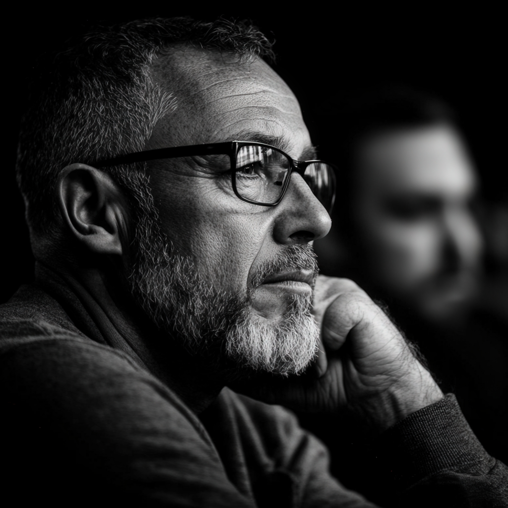 Black and white photo of a man in glasses with a grey beard thinking deeply.