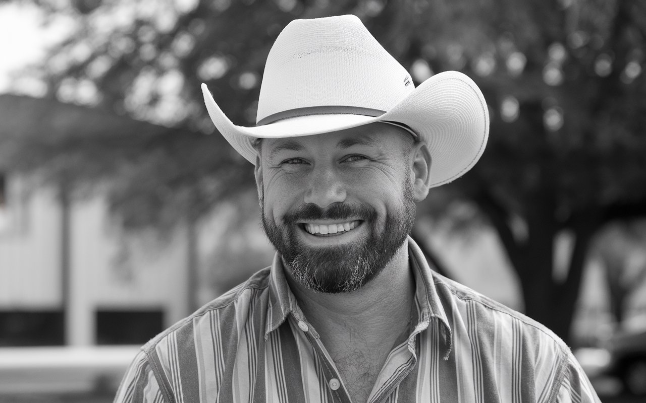 Cowboy with a beard smiling looking directly at the camera. He is wearing a white hat.