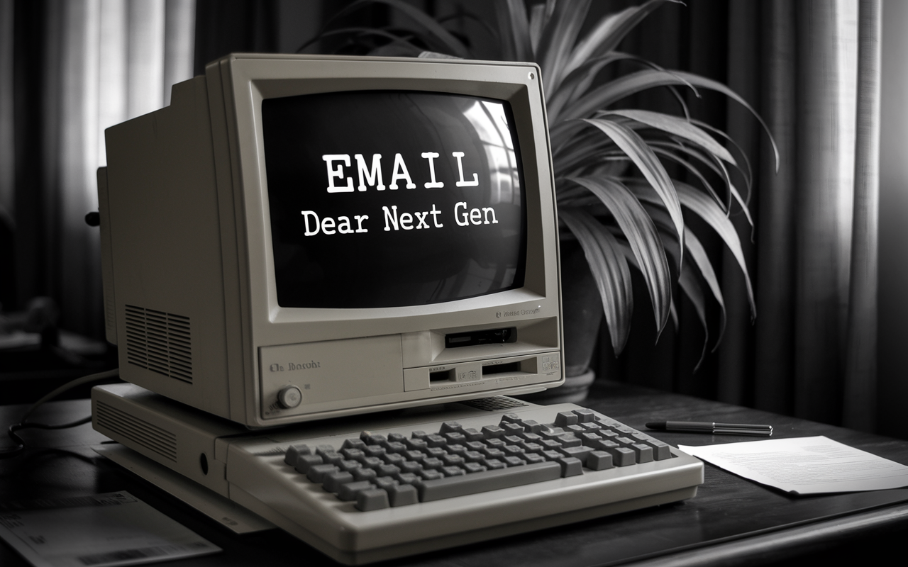 Black and white photo of a computer that says email on the screen dear next gen.