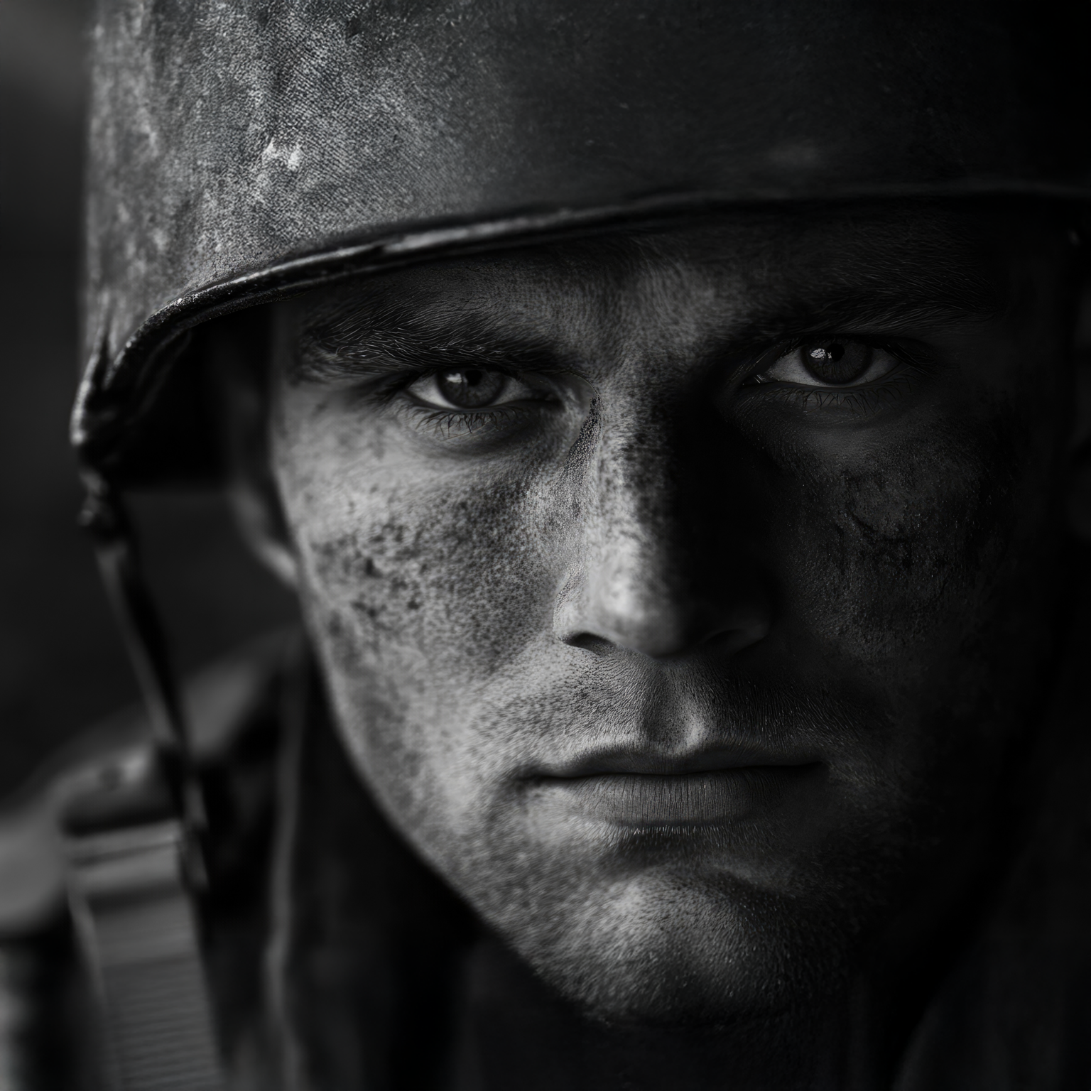 Black and white photo of a solider looking straight on to the camera. He is wearing a helmet and has dirt on his face.
