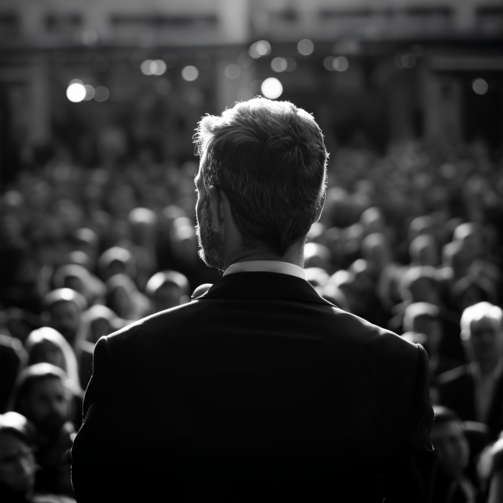 Black and white photo of a man speaking to a crowd.