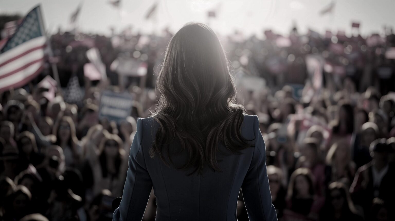 black and white photo of a Female candidate speaking to a crowd at with American flags in the background.