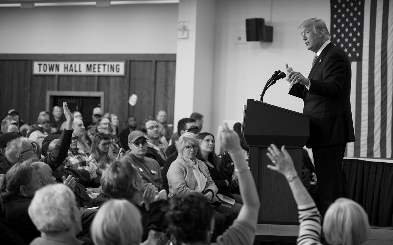 Black and white photo of a man looking like Donald Trump at a town hall taking questions