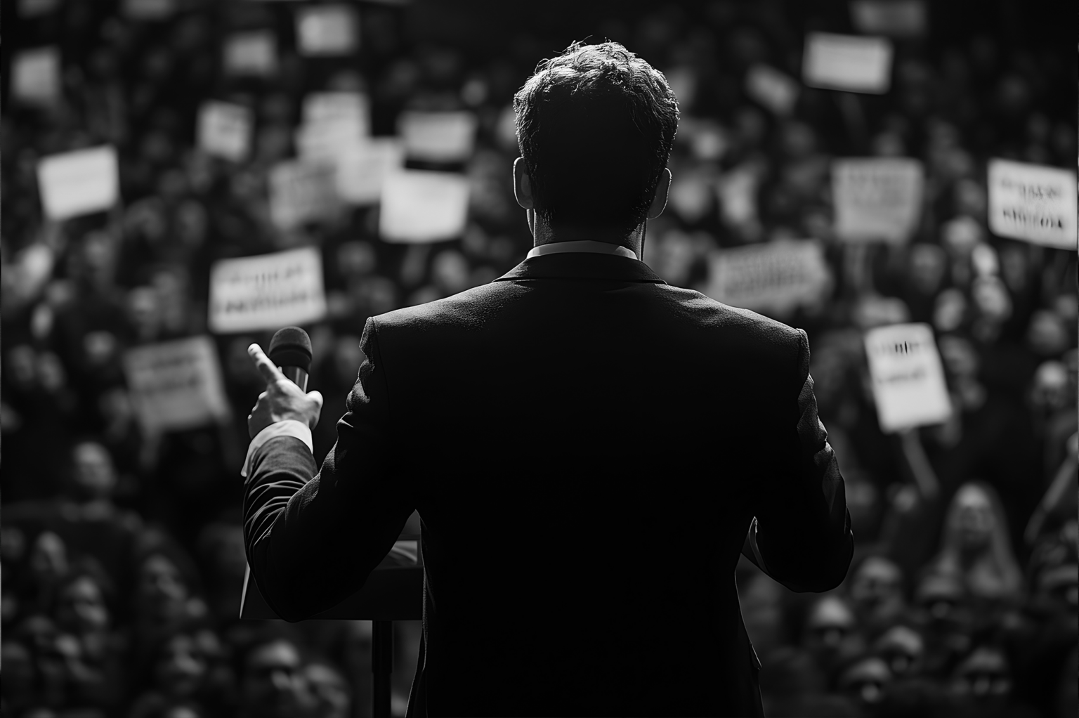 Back of a candidate speaking to a large crowd. black and white photo.