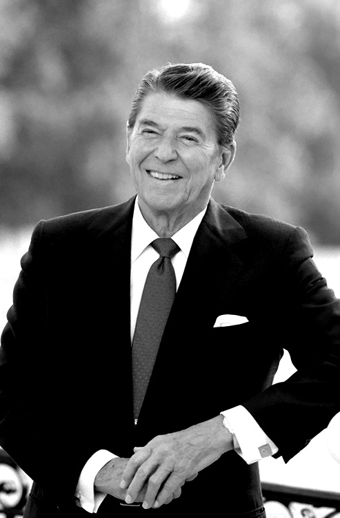 Black and white photo of president Ronald Reagan