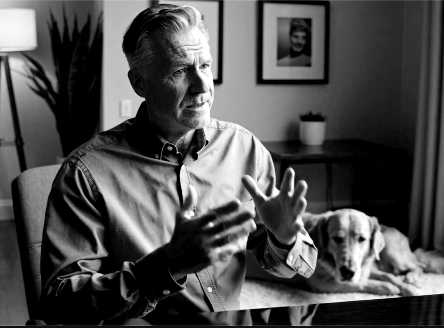 A black and white photo of a guy telling stories with a dog in the background.