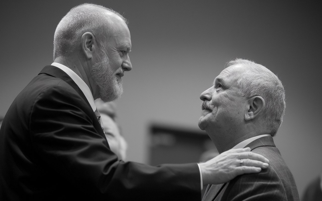 Black and white photo of man standing over another man with his hand on his shoulder.