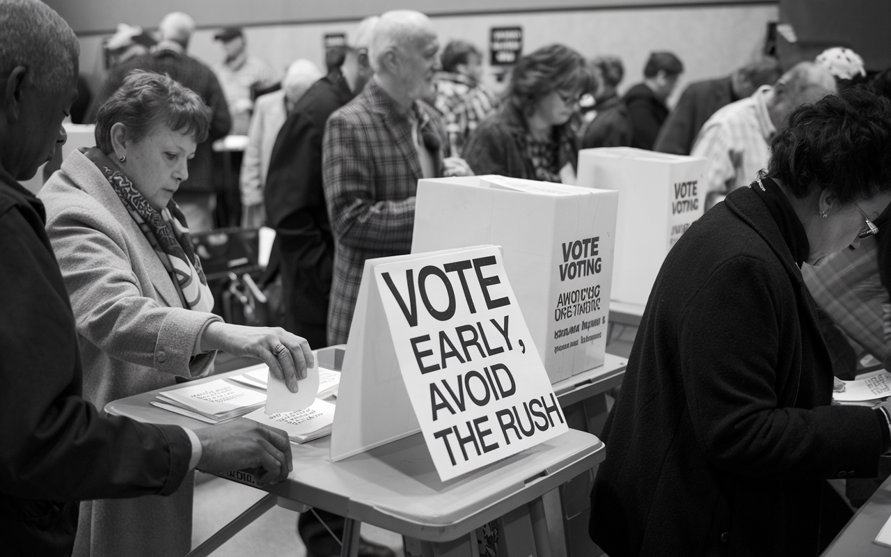 Black and white photo of people voting early to avoid the rush.