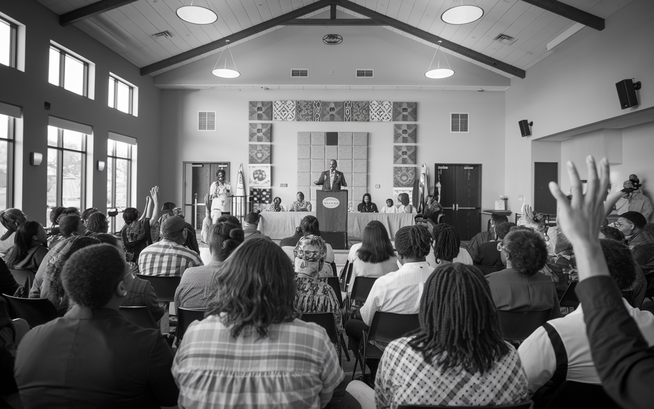 Politician at a church taking questions from an audience. Hands are raised.