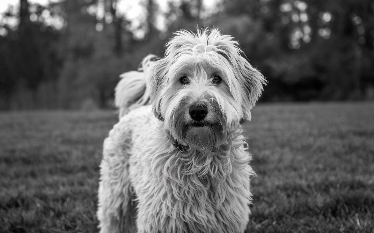 black and white photo of a golden doodle puppy in a grass field looking at the camera.