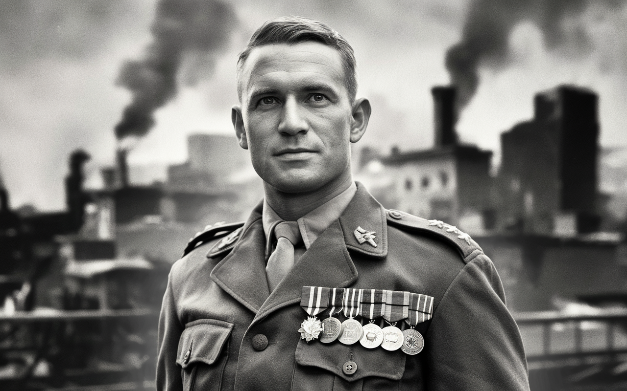 Black and white stylized photo of a solider with medals on his chest.