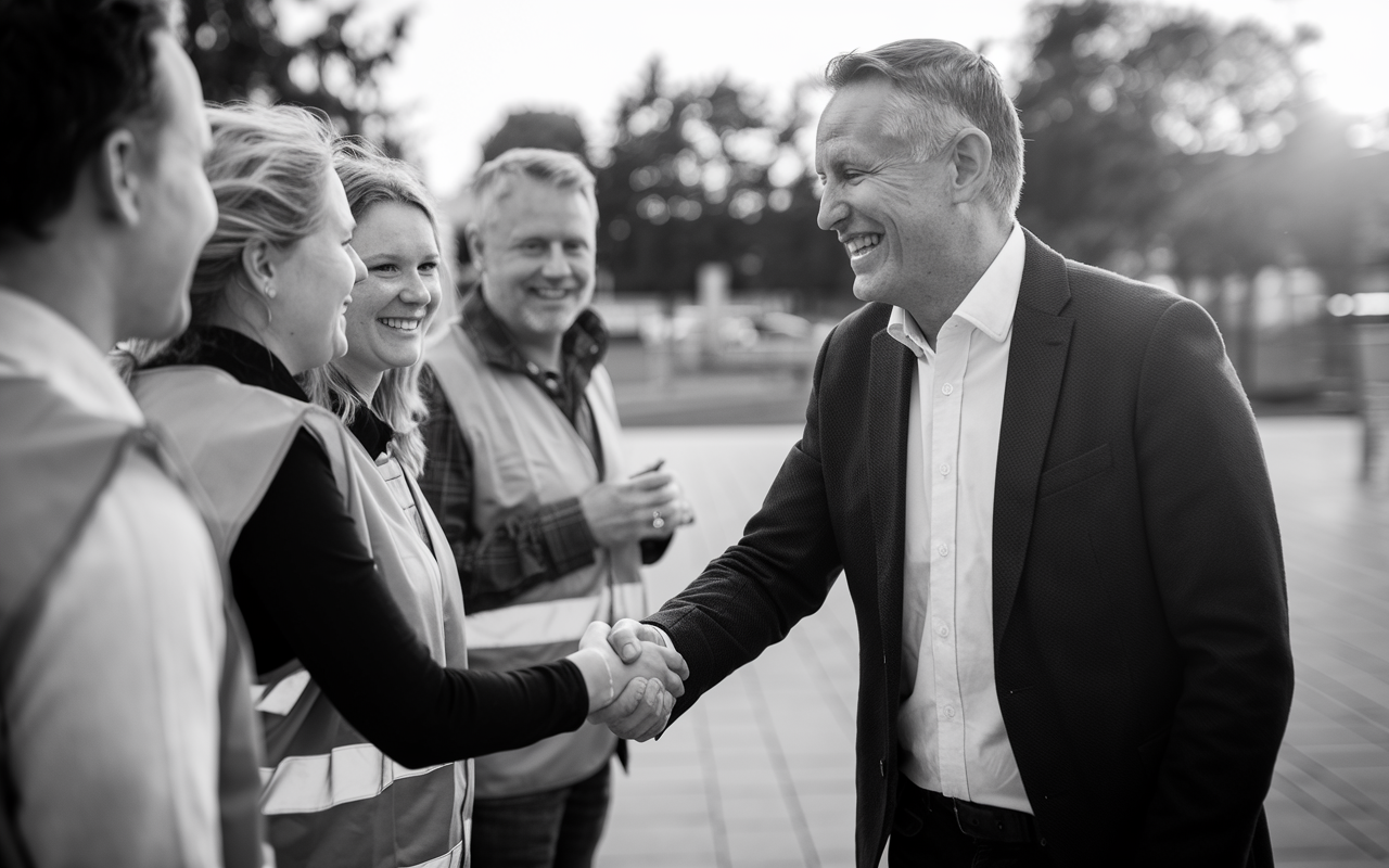 Black and white photo of a politician shaking hands with voters.