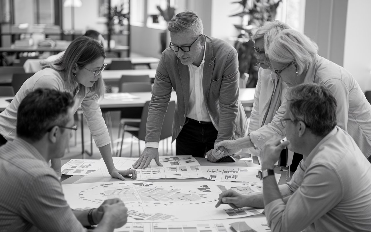 Black and white photo of a group of people looking at plans on a table.
