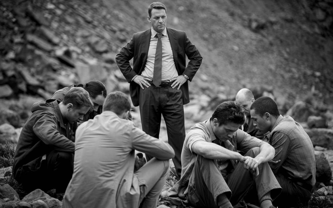 Black and white photo of a man standing in a suit in the group of men seated with their heads down.