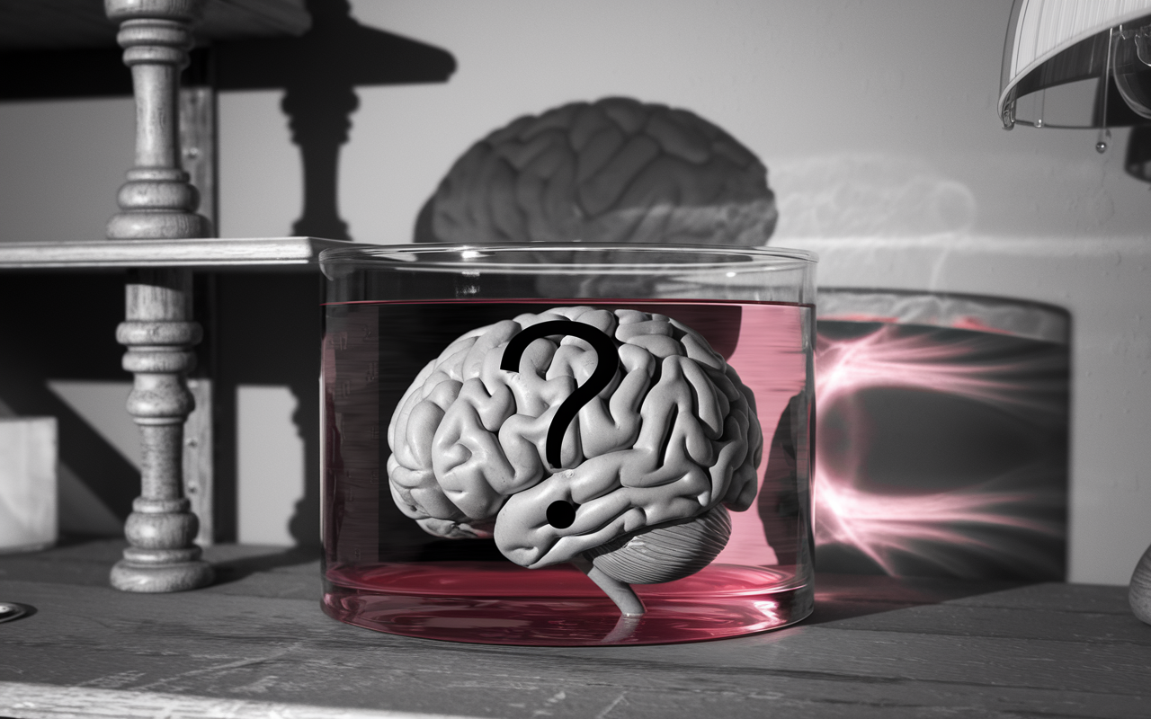 A brain is in a jar with a question mark on it. Sitting on a table