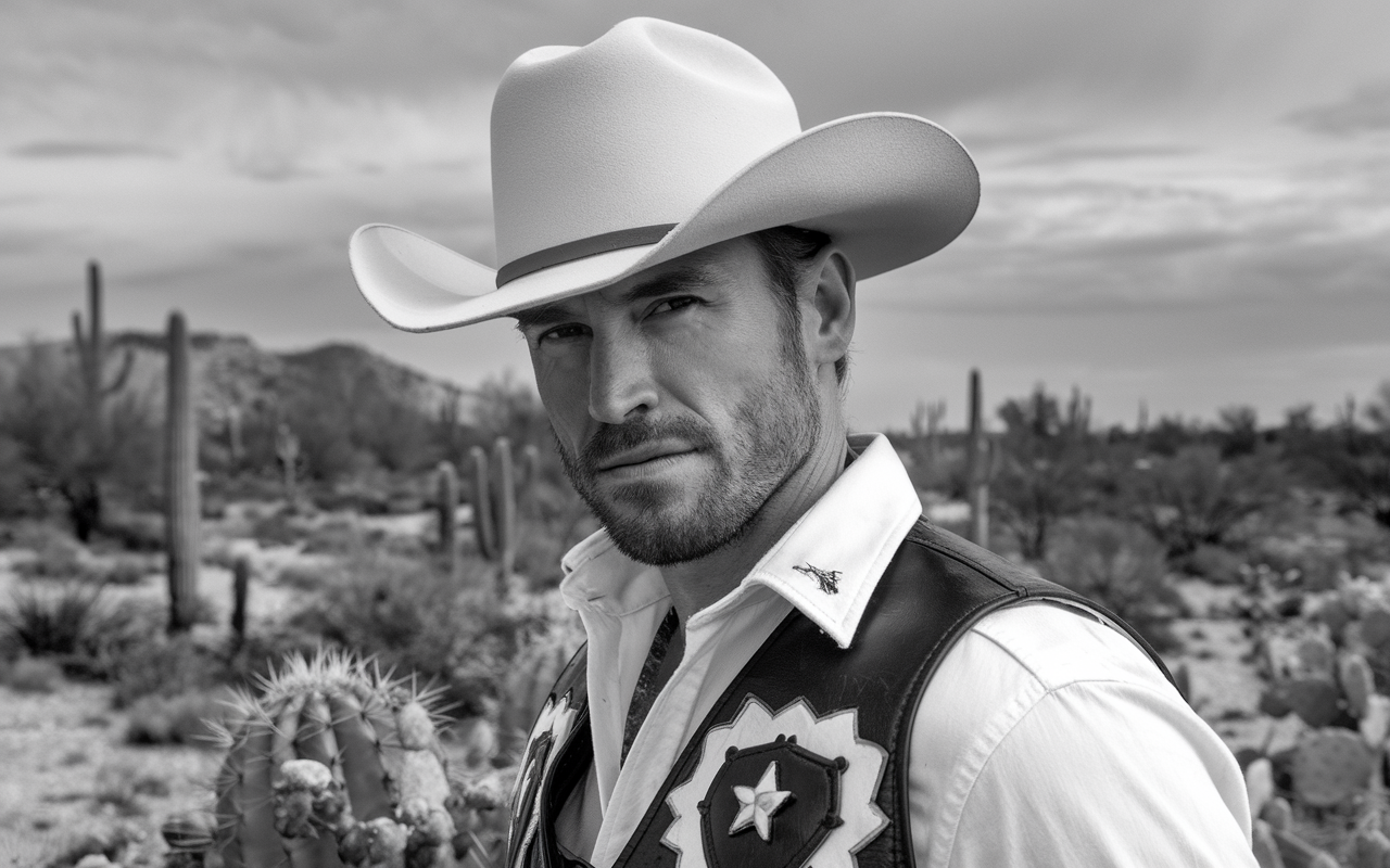 Black and white photo of a man in dressed up as a cowboy in the desert. He is wearing a white hat a leather vest and a white shirt. He has a beard.