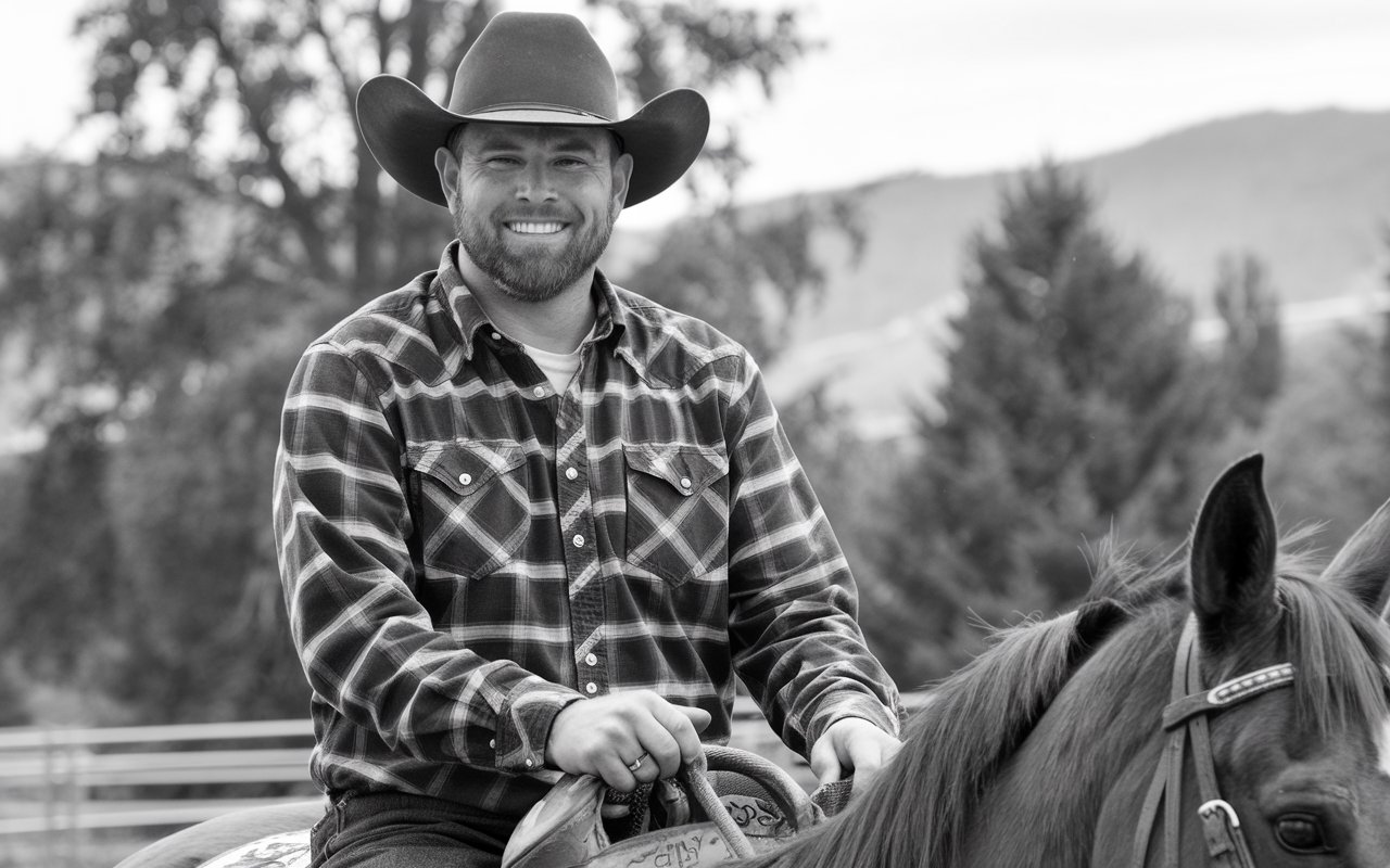 Black and white photo of a cowboy on a brown horse. The cowboy has a beard, dark cowboy hat, and a plaid shirt.
