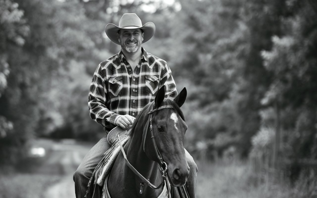 Black and White photo of a cowboy riding a horse riding in the forest. He has a white hat on a brown horse