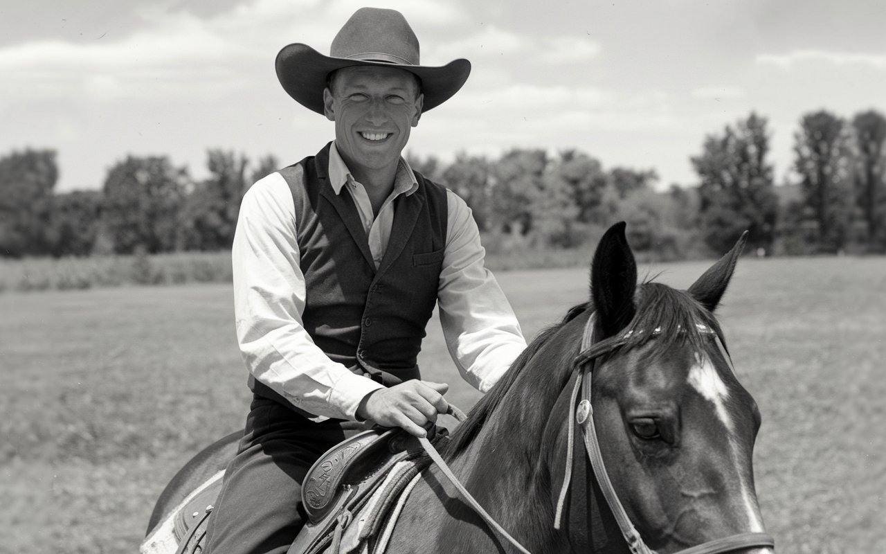 Cowboy on a horse black and white photo from the 1970's