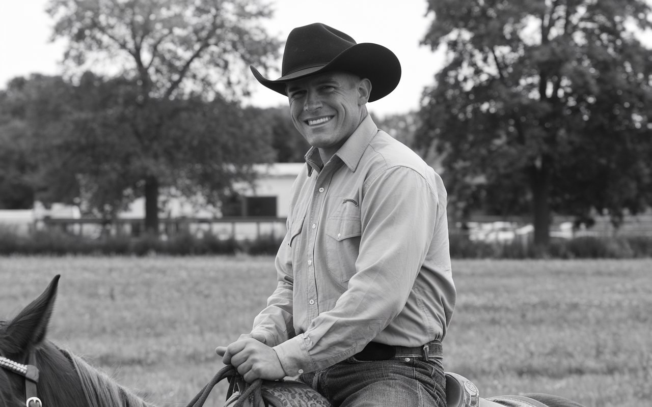 Black and White photo of a cowboy on a horse smiling looking at camera. He is wearing a black hat and a light color shirt and blue jeans. He is riding in a field.