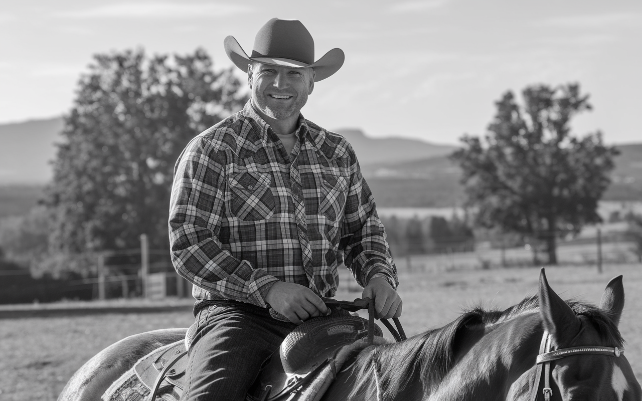 Fit middle aged cowboy riding a horse in a black and white photo. He is wearing a plaid shirt a cowboy hat and is looking at the camera smilling.