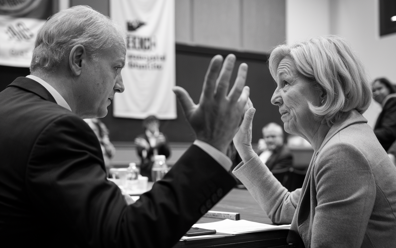 Black and white photo of an older man and woman talking with their hands in the air.