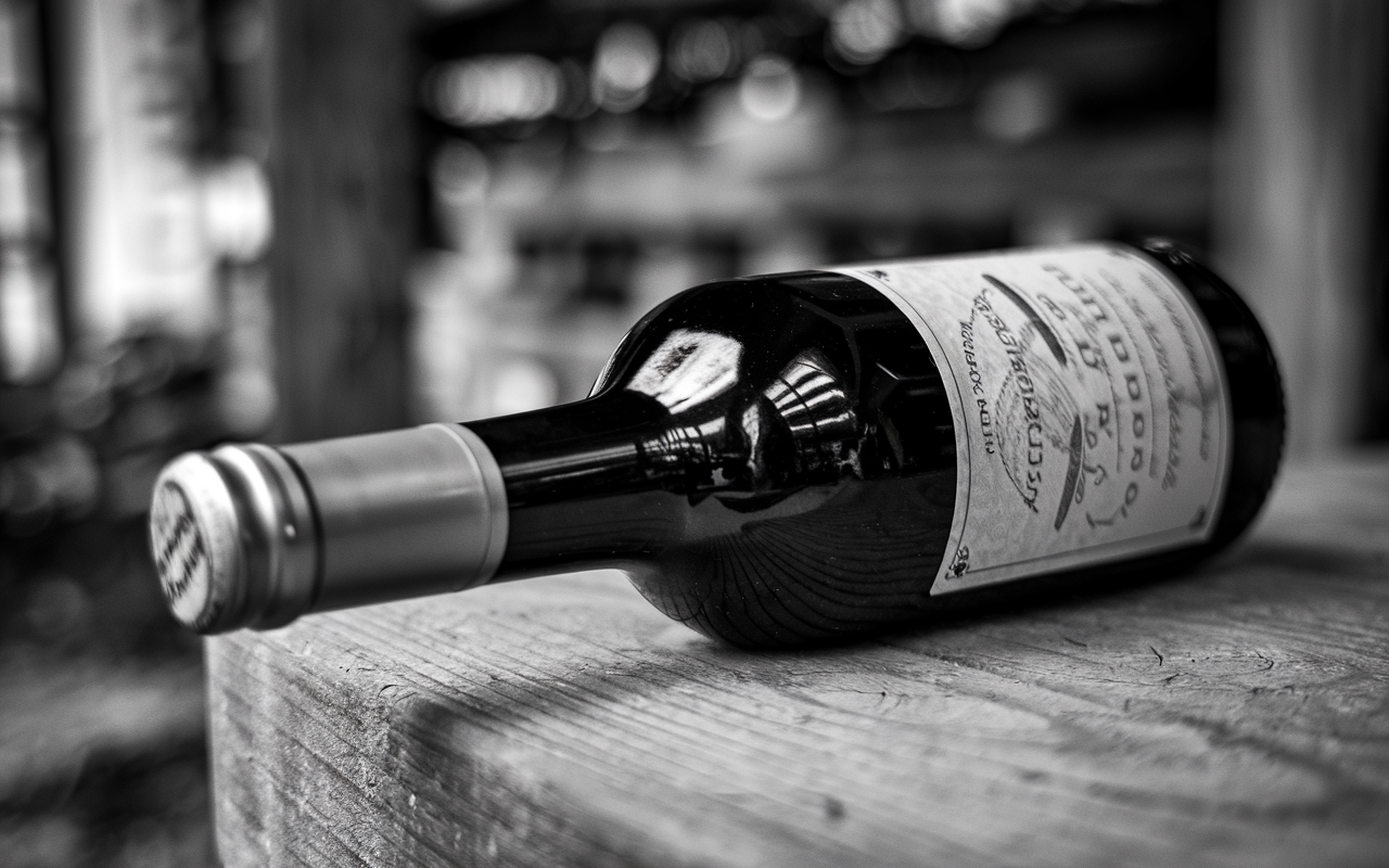 Black and white photo of a bottle of wine on its side.