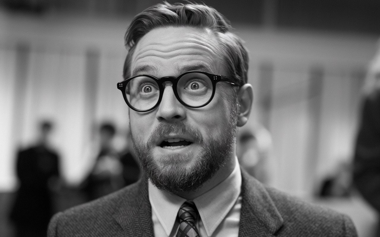 Black and white photo of a man with with big glasses with his eyes wide open. He is wearing a beard in a suit and a tie.