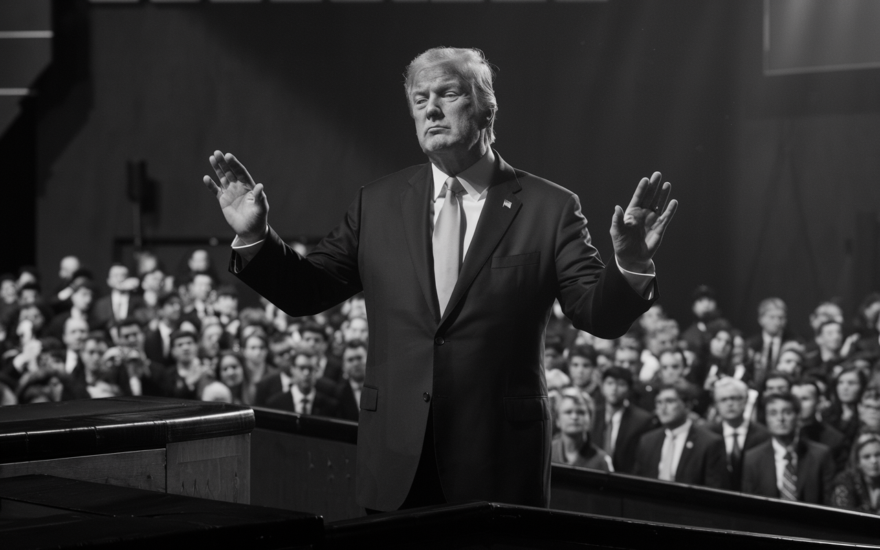 Black and white Photo of Donald Trump holding his hands in the air.
