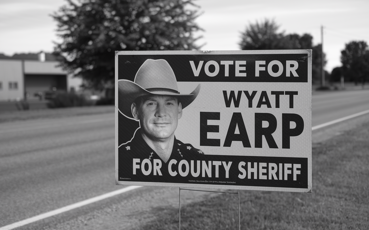 Black and white photo of a vote for wyatt earp for county sheriff campaign sign along a road side.