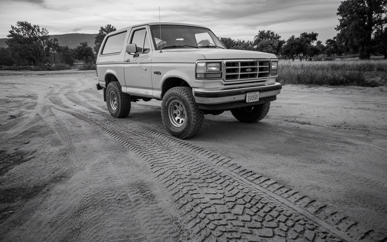 Black and white photo of a full size bronco on a dirt road