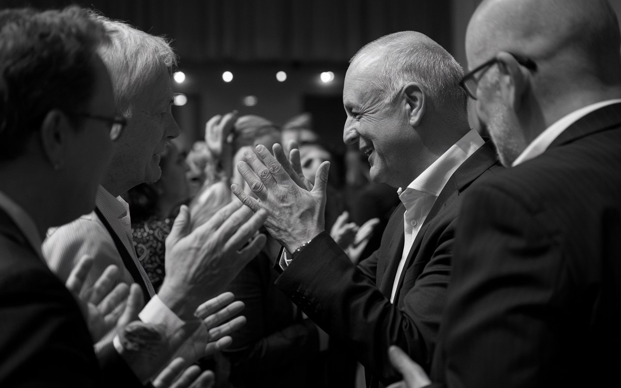 Black and white photo of an old white bald politician greeting his followers.
