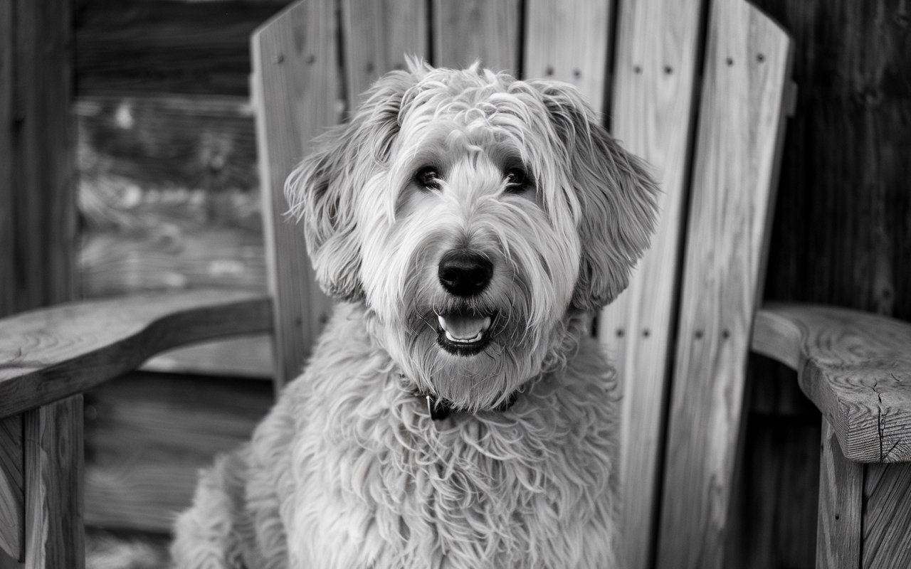 Black and White photo of a golden doodle puppy sitting on a wooden deck chair.