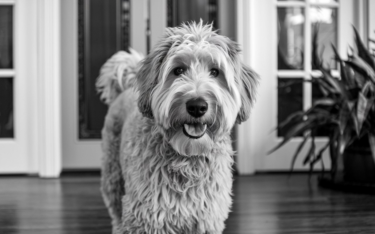 Black and white photo of a golden doodle looking at the camera standing on a wood floor in a house.