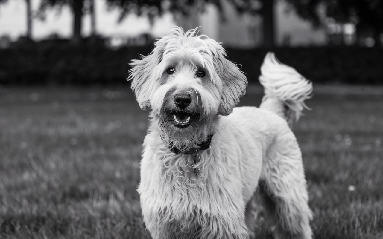Golden Doodle Dog black and white photo. Dog is looking at camera standing on a lawn.