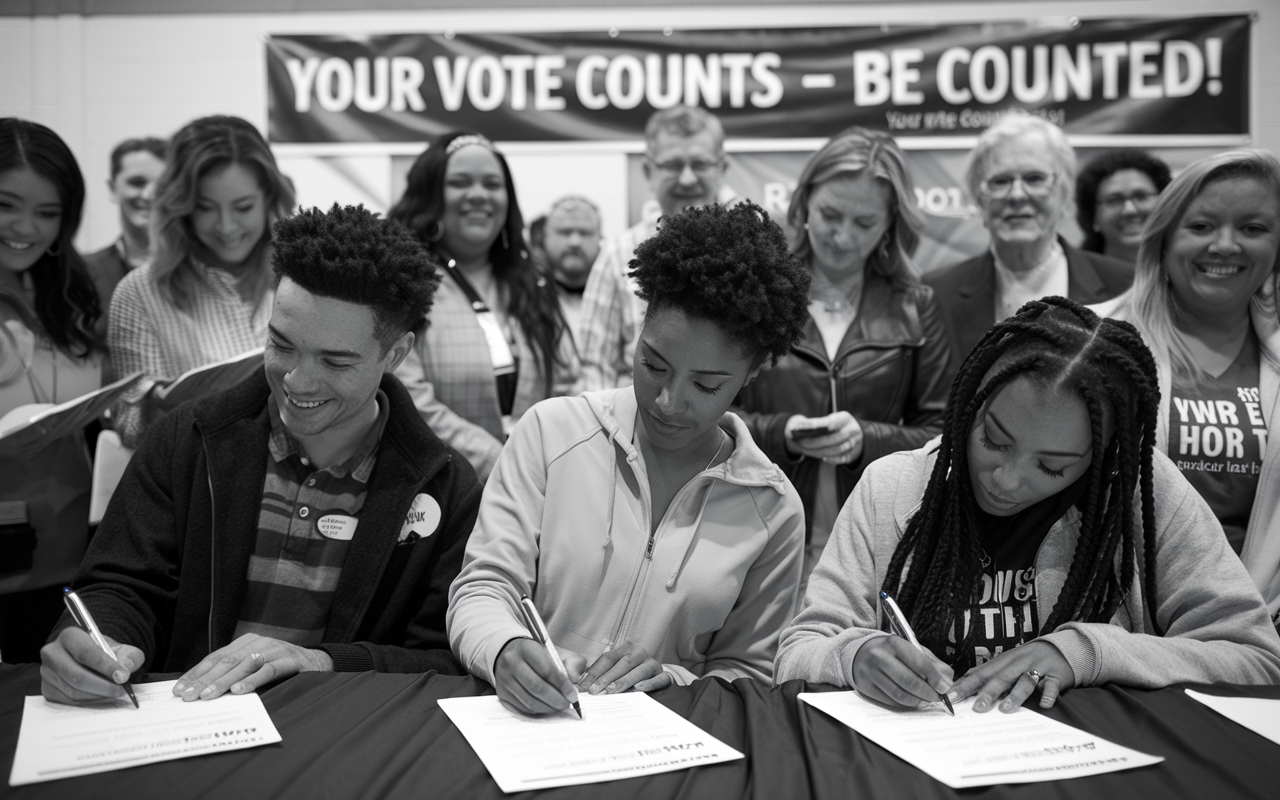 Group of voters sitting filling out paperwork. 3 young black people and a larger diverse group standing behind them.