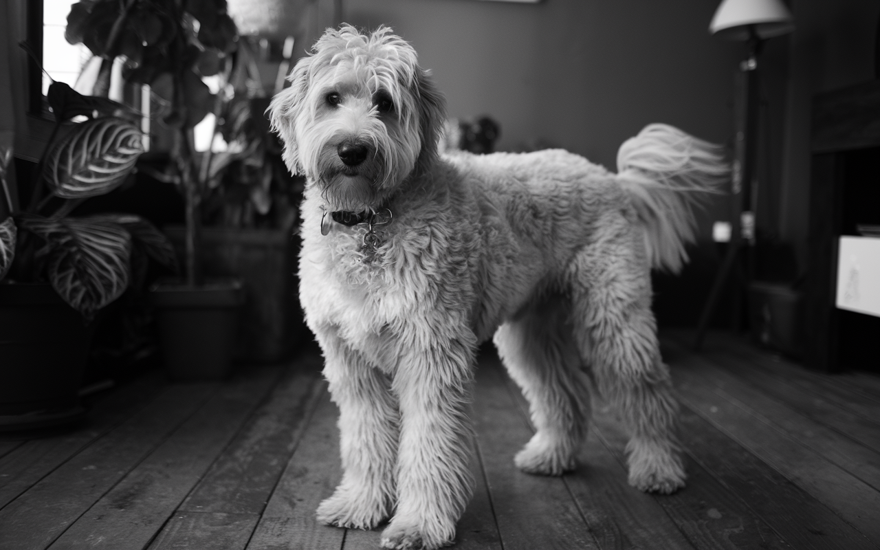 Black and white photo of a golden doodle dog standing on a wood floor looking at the camera.