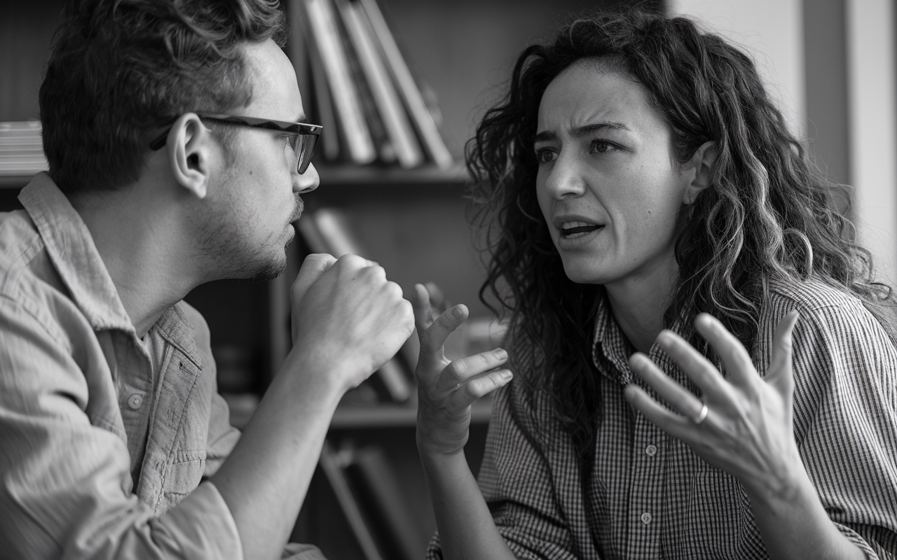 A couple is talking very intensely. It is a man in glasses looking at a woman with long brown hear.