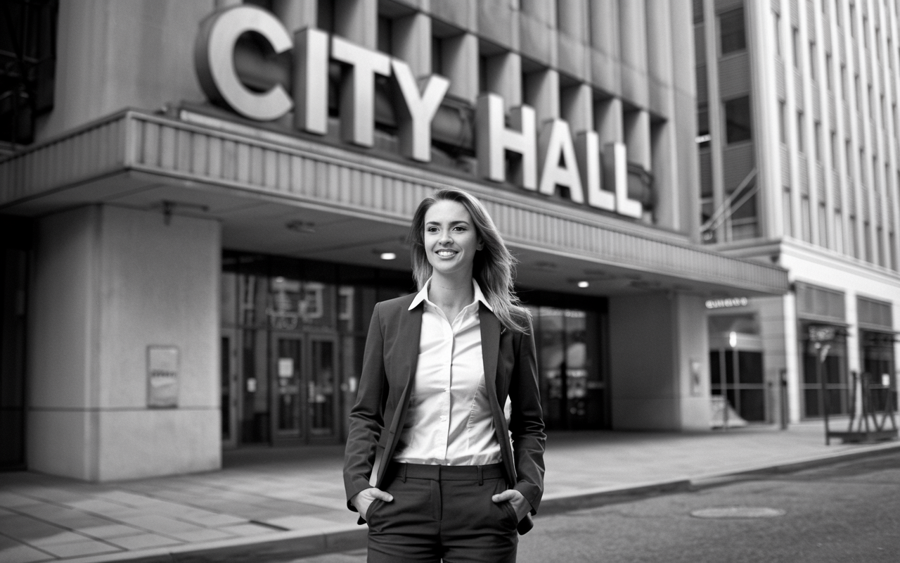 Black and white photo of a young woman standing in front of city hall.