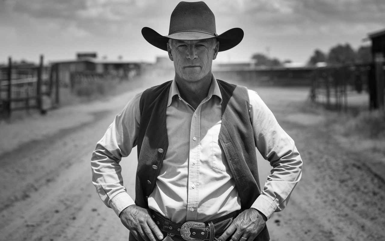 Black and white photo of an old cowboy in a vest in a dark hat standing with his hands on his hips.