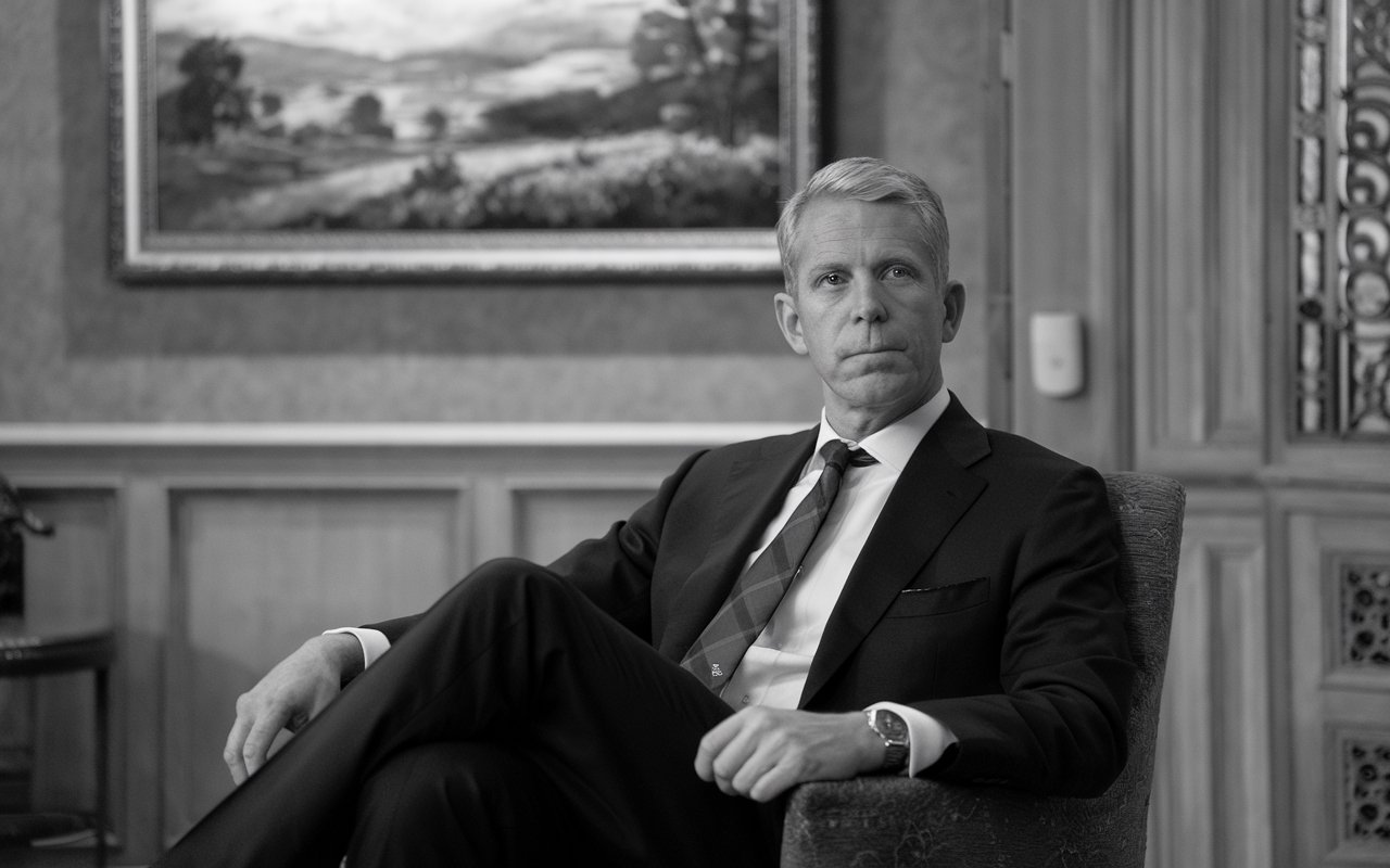 Black and white photo of a older white male seating in chair looking off into the distance.