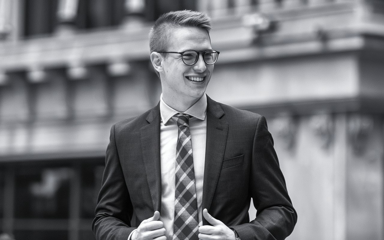 Smiling young professional male in a suite with glasses and a short haircut.