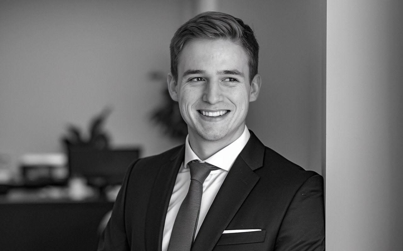 Black and white photo of a young white male in a black suit leaning up against the wall.